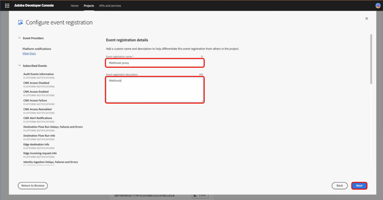 “添加事件”页显示事件注册名称和事件注册描述字段。