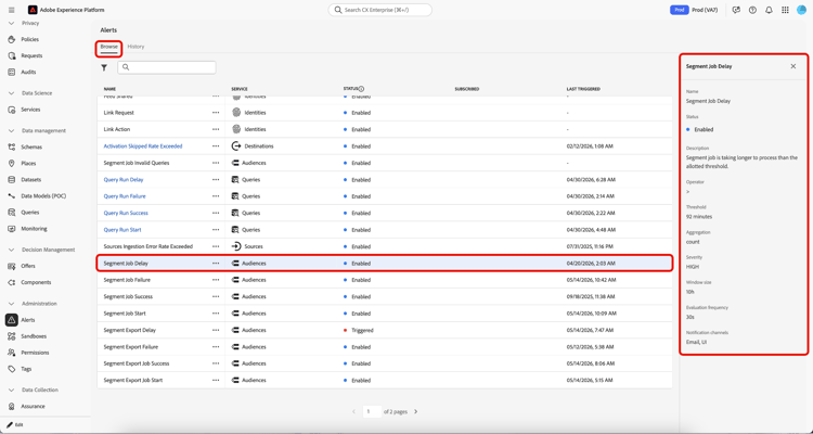 在右侧面板中显示详细信息的警报规则突出显示。