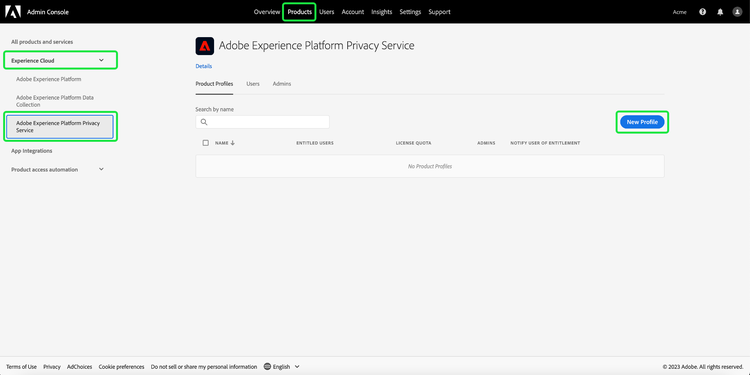 Adobe Admin Console 中的 Experience Platform Privacy Service 产品配置文件选项卡中突出显示新配置文件。