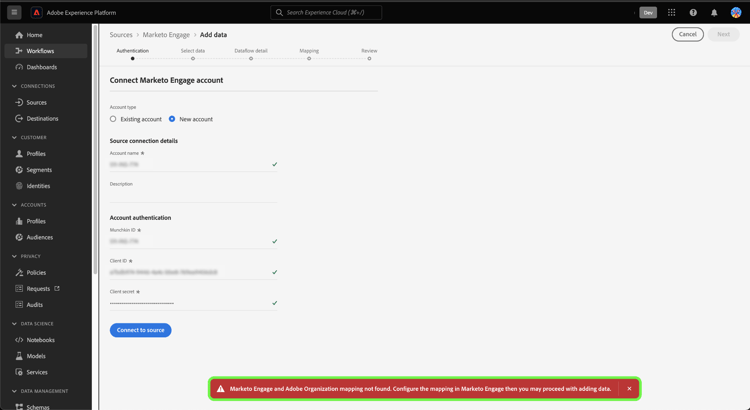 显示未将Marketo实例正确映射到Adobe组织的错误消息。