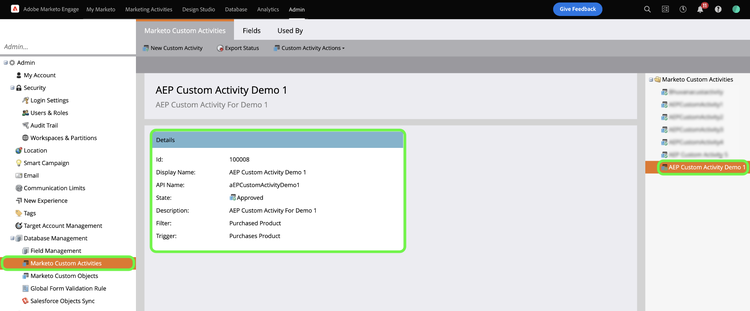 Adobe Marketo Engage UI中的“自定义活动”界面。