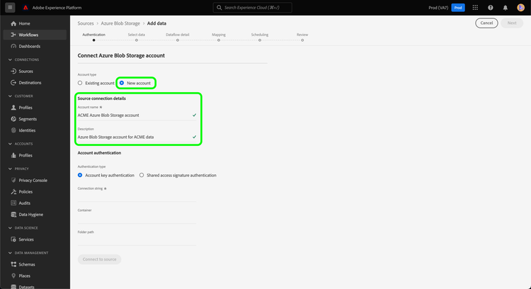 Azure Blob存储源的新帐户屏幕。
