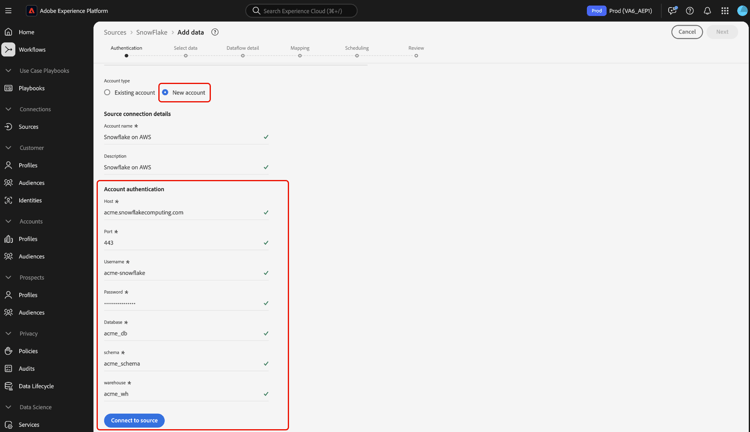 源工作流程中的新帐户步骤，可将Snowflake连接到AWS上的Experience Platform。