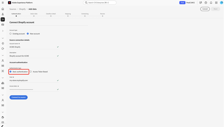 新Shopify帐户表单的Experience Platform UI屏幕截图，其中显示主机和访问令牌的基本身份验证字段