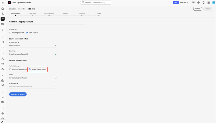 新Shopify帐户表单的Experience Platform UI屏幕截图，该表单显示主机和访问令牌的基于访问令牌的身份验证字段