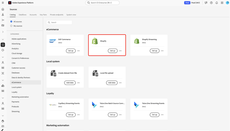 显示Shopify源卡的Sources目录的Experience Platform UI屏幕截图已设置