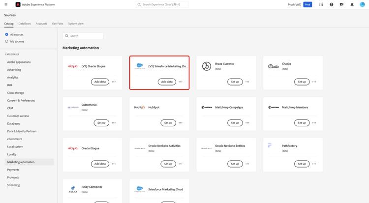 已选择Salesforce Marketing Cloud源的源目录。