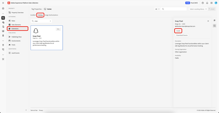 正在为数据收集UI中的Snap Pixel扩展选择安装按钮。