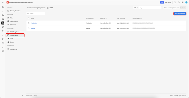 事件转发属性显示现有环境，突出显示Add Environment。