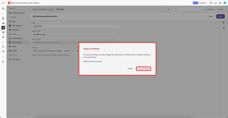 突出显示了“保存并部署”的“部署证书”对话框。