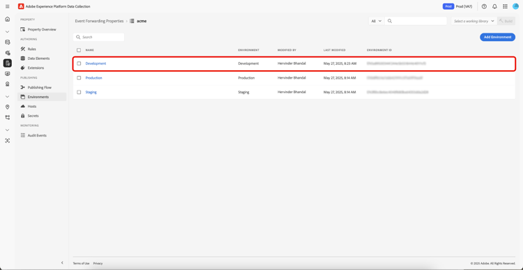 Environments选项卡，高亮显示开发环境。