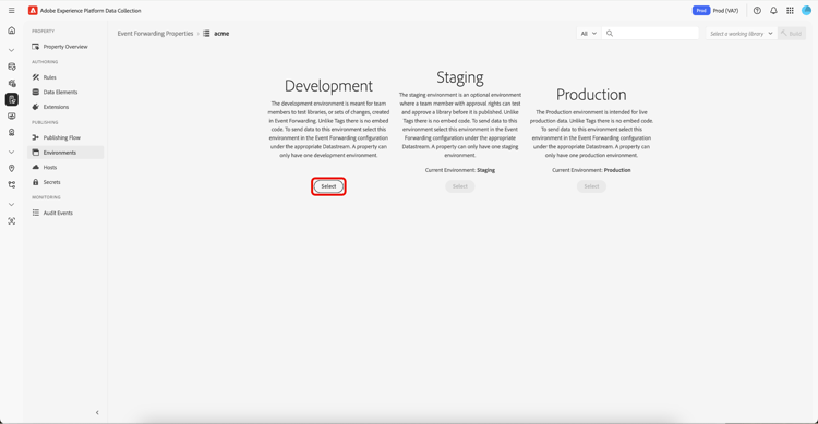 环境选择屏幕，突出显示用于开发的Select。