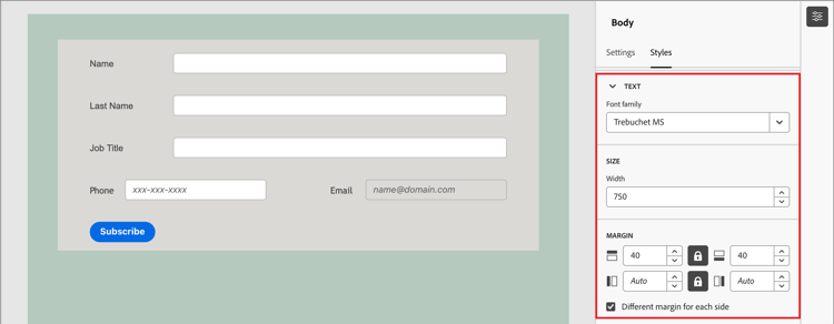 设置表单的文本、大小和边距