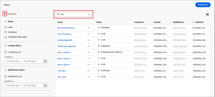 筛选显示的表单