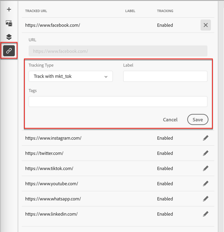 单击“编辑”图标以访问链接跟踪
