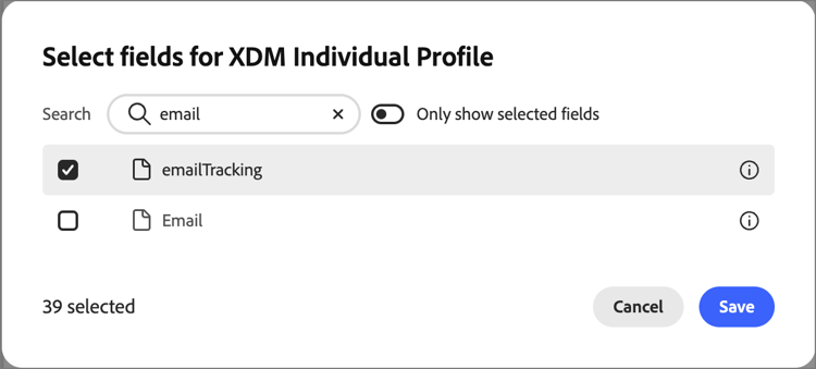 在XDM字段管理中选择emailTracking作为托管字段