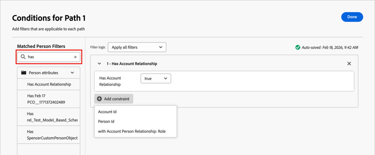 关系架构自定义对象的“人员”属性条件示例