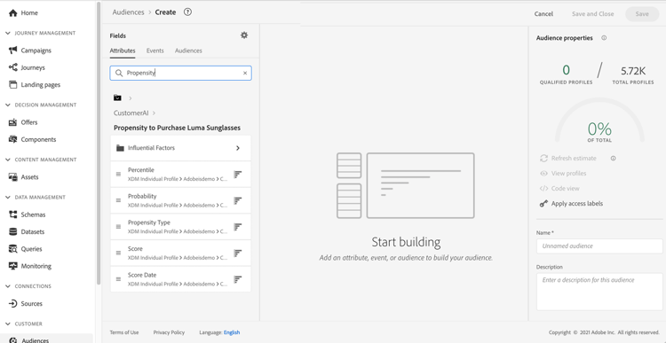 显示倾向分数和预测的Customer AI集成