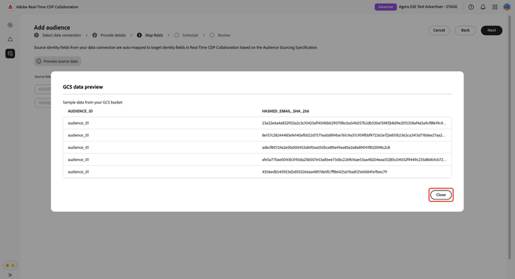 “GCS数据预览”对话框，其中显示了一个受众数据示例表，该表包含AUDIENCEID和HASHEDEMAILSHA256等列，并在右下角显示了一个“关闭”按钮。