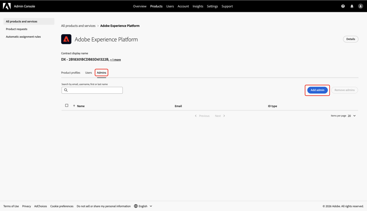 Adobe Experience Platform product dashboard with the Admins tab and the Add admin option highlighted.