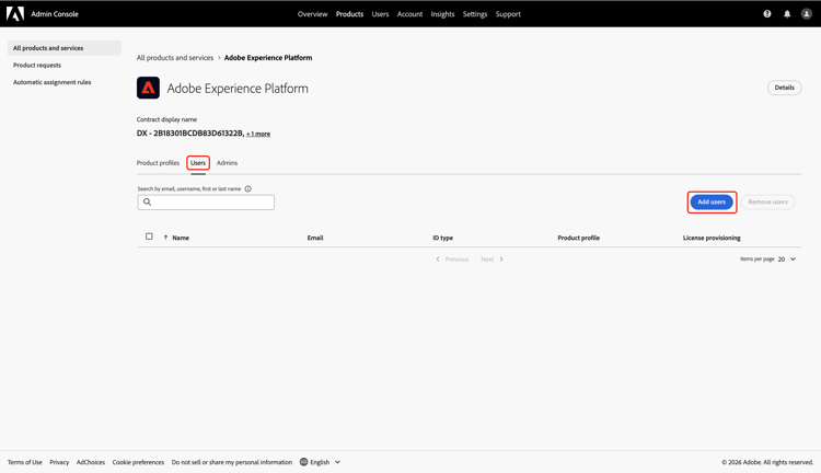 Adobe Experience Platform产品仪表板，突出显示“用户”选项卡和“添加用户”选项。