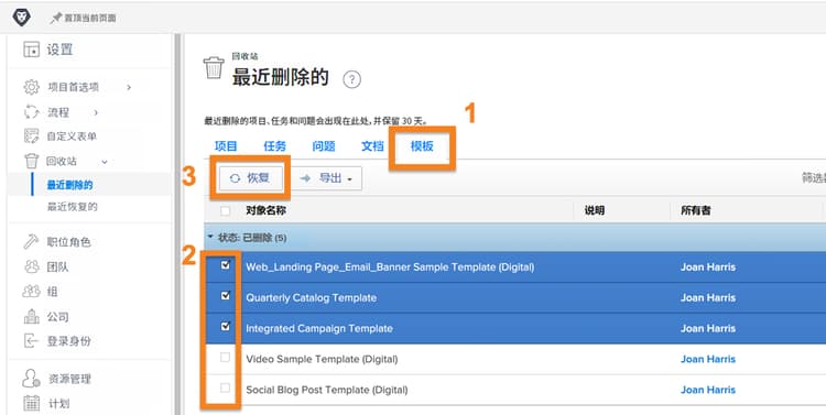 在回收站中选择的项目