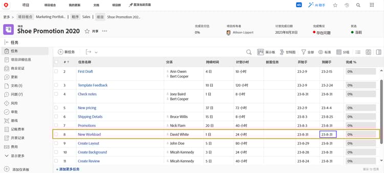 带有截止日期的项目任务