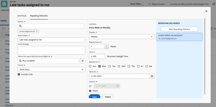 设置重复报告传递的屏幕图像
