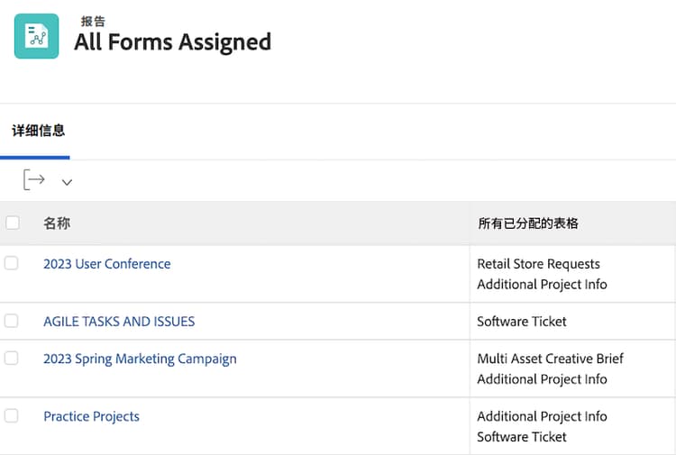 显示项目中所有自定义表单的屏幕图像