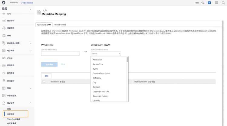 屏幕快照：Metadata Mapping 屏幕，位于 Workfront