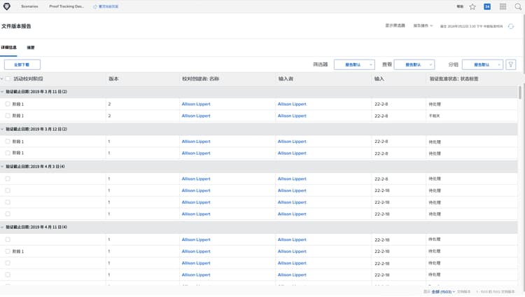 Workfront 中文档版本报告的图像。