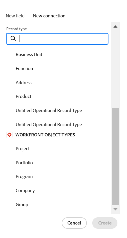 使用Workfront选项新建连接选项卡