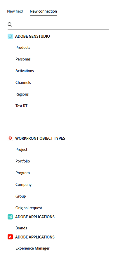 与Workfront、AEM和GenStudio Brands的新连接选项卡