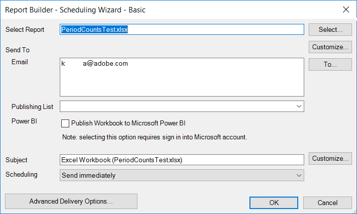 Report Builder 排程精靈的螢幕擷圖會顯示選項，以勾選「將活頁簿發佈到 Microsoft Power BI」選項。