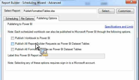 螢幕擷圖顯示「排程精靈 – 進階發佈選項」及「以 Power BI 資料集發佈所有格式化表格」表格。