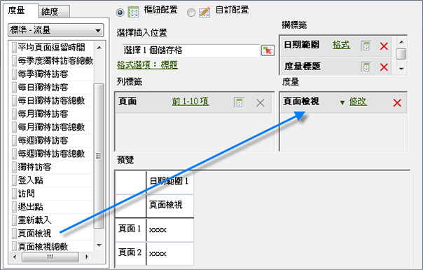 顯示「請求精靈」的熒幕擷圖：步驟2，其箭頭從量度清單指向所需的頁面檢視區段。