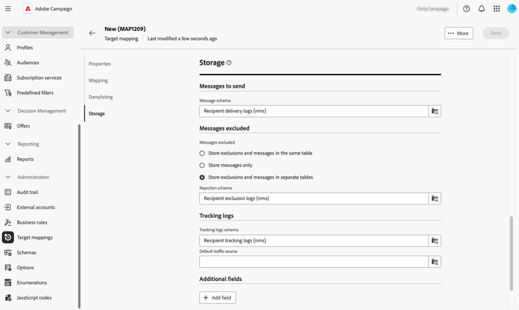 儲存區段，顯示記錄檔的資料表選項