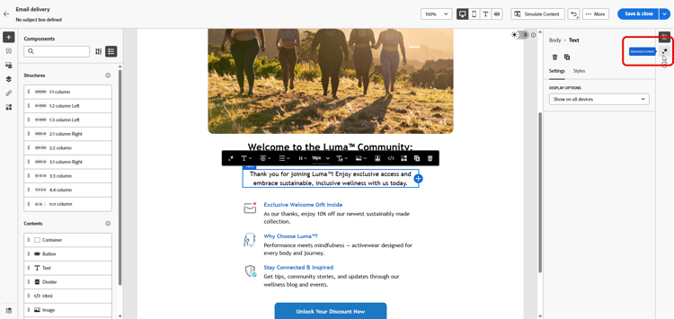 熒幕擷圖顯示Adobe Campaign Web中的文字元件選取專案