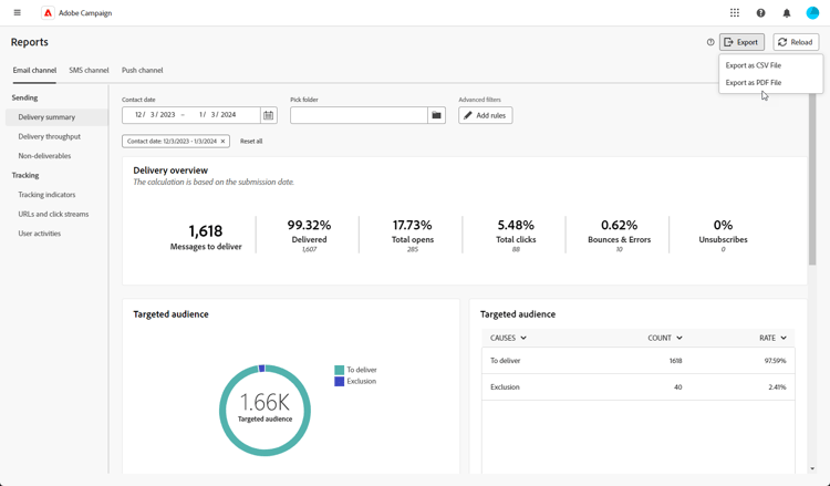 熒幕擷圖顯示全域報告介面中的匯出選項