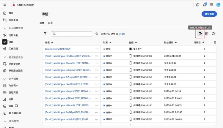 此螢幕擷圖顯示了清單的匯出。