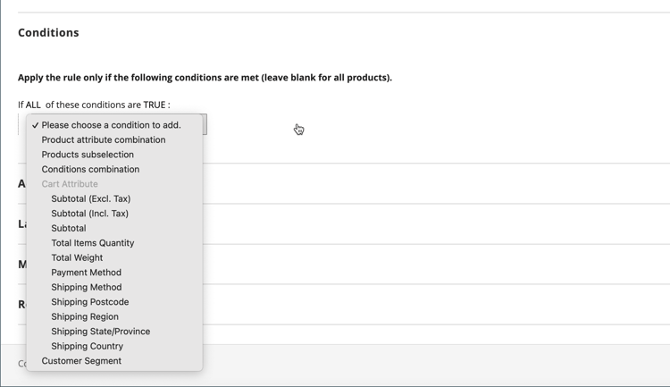 購物車價格規則條件 — 產品屬性組合