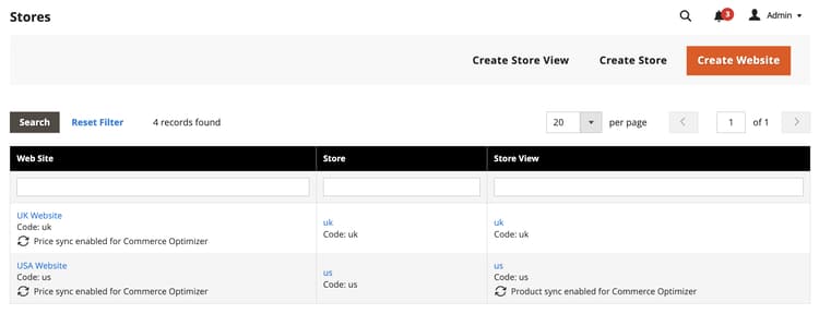 具有Commerce Optimizer同步設定的商店格線