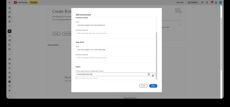Cloud Manager新增環境對話方塊，其中包含生產和中繼詳細資料