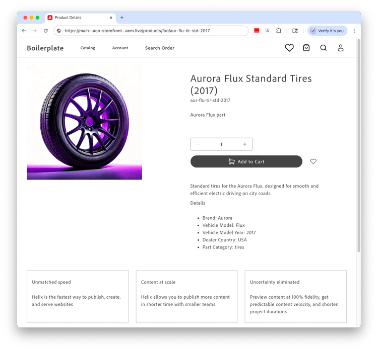 Default product detail page showing a product from the sample data