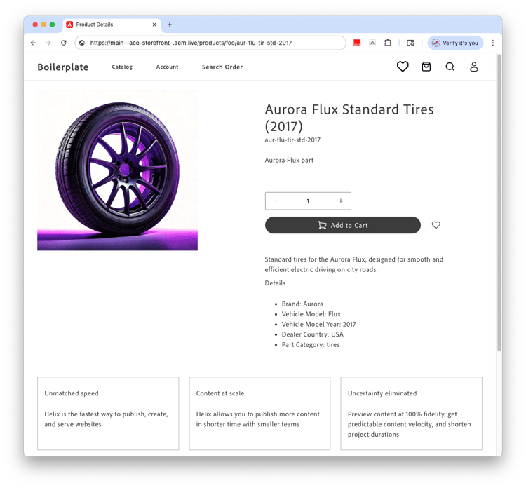 Default product detail page showing a product from the sample data