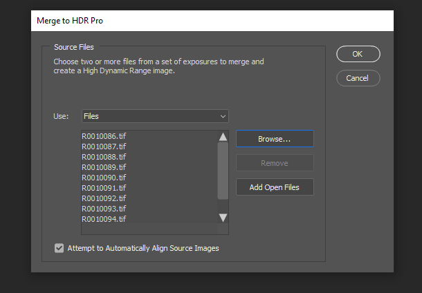 Adobe Photoshop中的「合併為 HDR Pro 檔案」選取選取選單