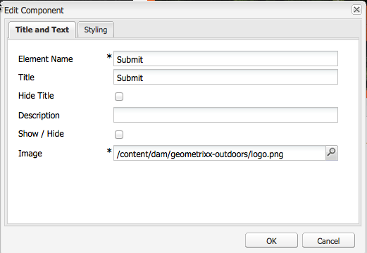 在「標題」欄位中設定了「替代文字」的影像按鈕（編輯對話方塊）。