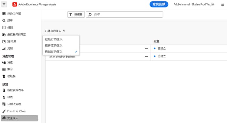 儲存大量匯入設定