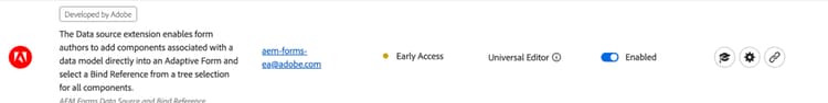 通用編輯器 Extension Manager 介面的螢幕擷圖顯示可用的擴充功能，包括為了表單整合而啟用的資料來源擴充功能