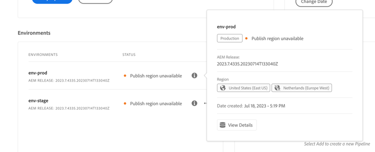 Additional publish regions status information on the Environments card